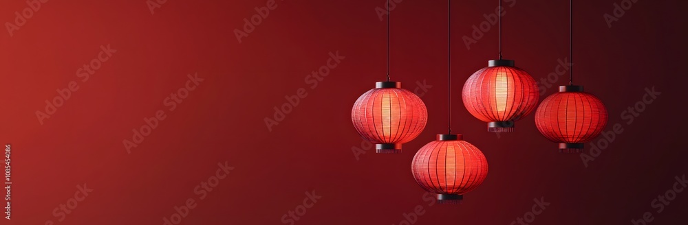 Illuminated Red Lanterns Hanging Against Red Background Illuminated Red Lanterns Hanging Against Red Background