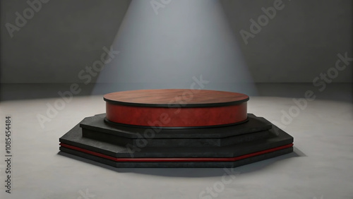 Warm lighting and a layered podium design make this space perfect for presentations.
