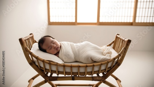 Peaceful East Asian Baby Sleeping in Bamboo Cradle with Zen Decor