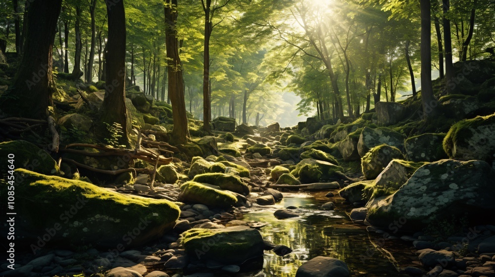 Sunlight illuminating a forest with large stones and vibrant greenery Sunlight illuminating a forest with large stones and vibrant greenery