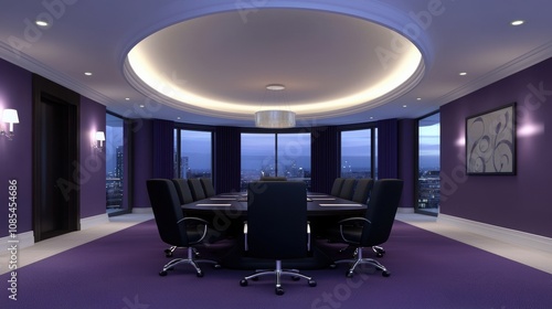 A modern conference room featuring sleek furniture, purple decor, and large windows showcasing a panoramic city view at dusk.