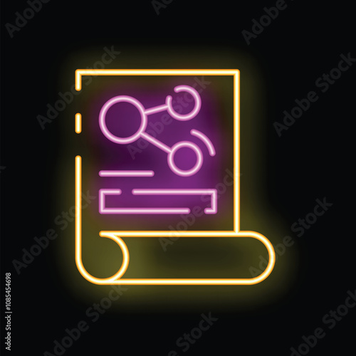 Glowing neon line icon representing a chemical formula on a sheet of paper, symbolizing scientific research and discovery