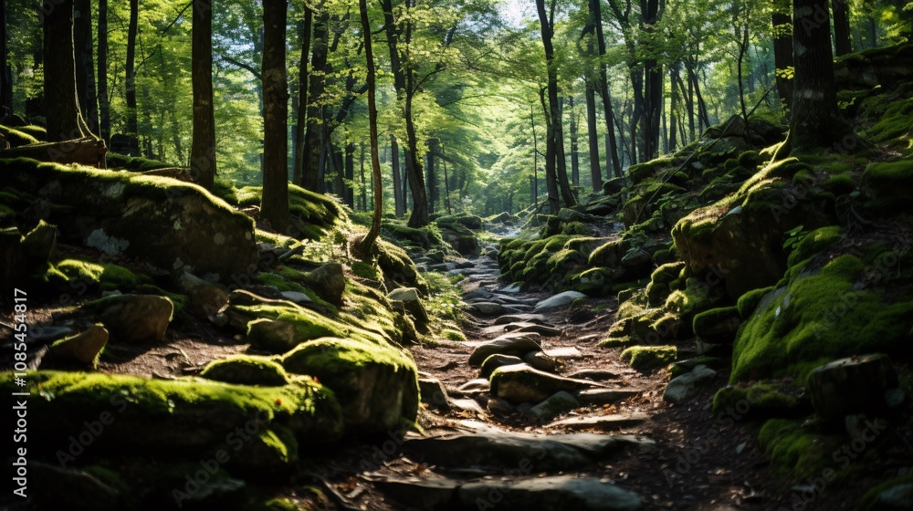 A forest path lined with large rocks and dense greenery A forest path lined with large rocks and dense greenery