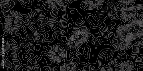 Abstract white on black background with Topographic line map pattern. abstract wavy and curved lines background. linear map. Dark seamless design. Bold tile able isolines pattern. Vector illustration.