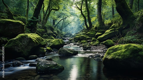 A tranquil forest scene with a stream flowing over mossy rocks