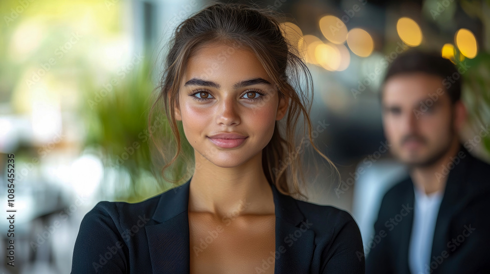Obraz premium A young woman showcases her bright smile in a stylish café, while a blurred figure sits in the background, creating a vibrant atmosphere