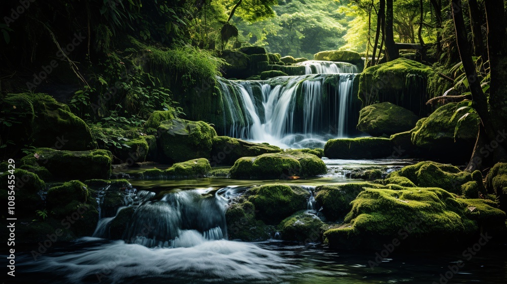 Obraz premium A small waterfall cascading over rocks in a green forest