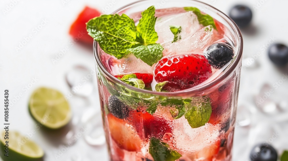 Fruit mojito with strawberries, blueberries, and mint leaves in a glass on a white background. Sake mockup for a summer drink or cocktail menu, close-up view Fruit mojito with strawberries, blueberries, and mint leaves in a glass on a white background. Sake mockup for a summer drink or cocktail menu, close-up view