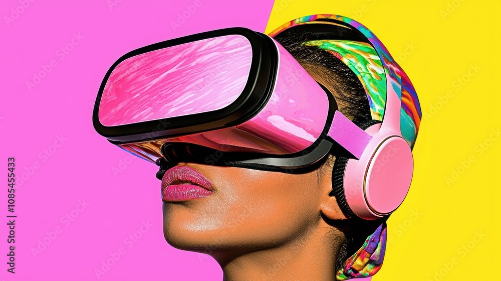 A person wearing colorful VR goggles against a vibrant pink and yellow background, showcasing the fusion of technology and fashion. A person wearing colorful VR goggles against a vibrant pink and yellow background, showcasing the fusion of technology and fashion.