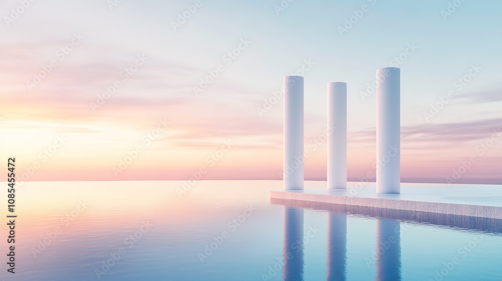 A minimalist architectural platform by the seaside at dusk A minimalist architectural platform by the seaside at dusk
