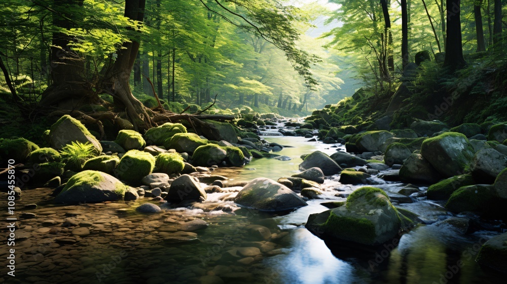 A tranquil forest stream flowing over smooth stones A tranquil forest stream flowing over smooth stones