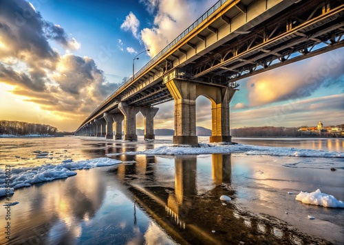 Winter Sunny Cloudy Day in Kyiv - Metro Bridge & Icy River