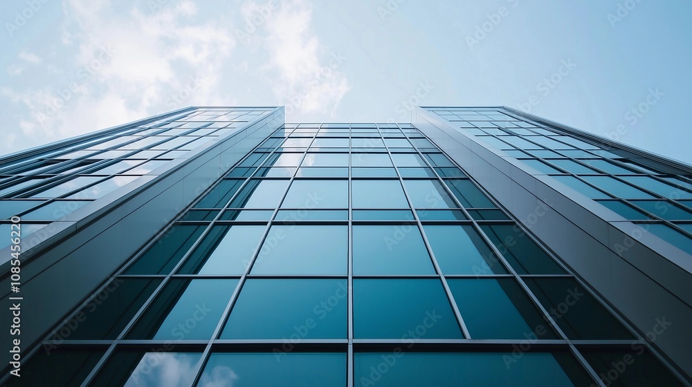 Photograph of a tall building with glass windows, against a blue sky background, taken from a low angle, an example of architectural photography Photograph of a tall building with glass windows, against a blue sky background, taken from a low angle, an example of architectural photography