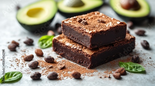 Two fudgy chocolate brownies dusted with cocoa powder, beside halved avocados and cocoa beans. photo