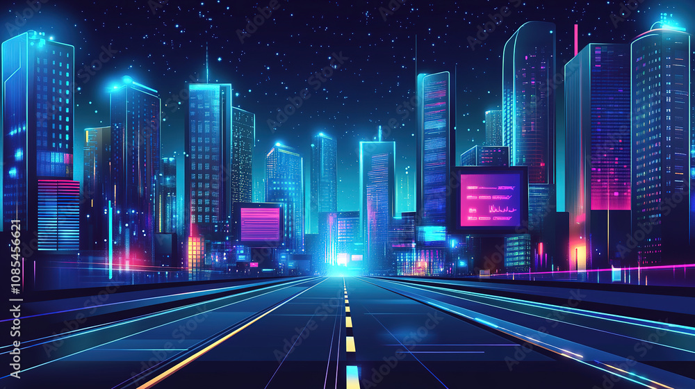 Cyberpunk style, futuristic technology, urban high-rise buildings and highway illustrations Cyberpunk style, futuristic technology, urban high-rise buildings and highway illustrations