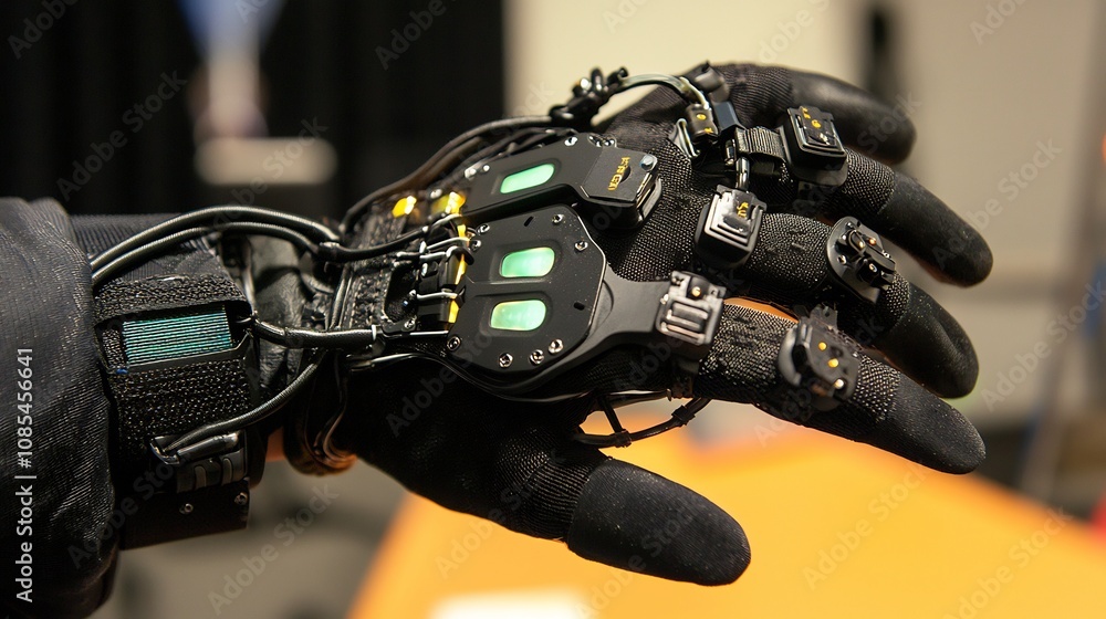 Close up of a Futuristic Augmented Reality Glove with Integrated Sensors and Controls Close up of a Futuristic Augmented Reality Glove with Integrated Sensors and Controls