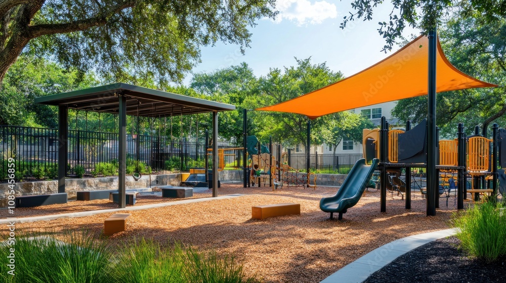 Modern Playground with Orange Canopy and Black Metal Frame Modern Playground with Orange Canopy and Black Metal Frame