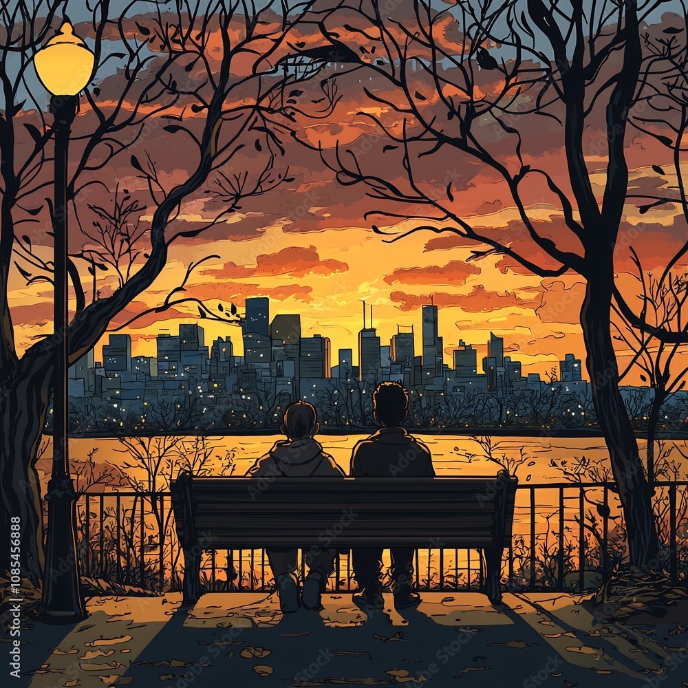 Fototapeta premium Couple Admiring Dramatic Sunset Cityscape From Urban Park Bench