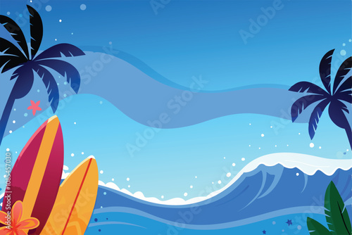 Create a vibrant vector background featuring dynamic surfing waves, multiple surfboards, and a sunny beach setting.  Design should be suitable for website or print.