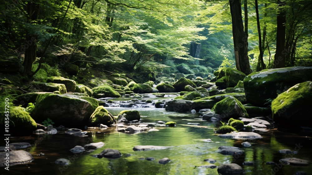 A peaceful forest stream with smooth stones and green plants A peaceful forest stream with smooth stones and green plants