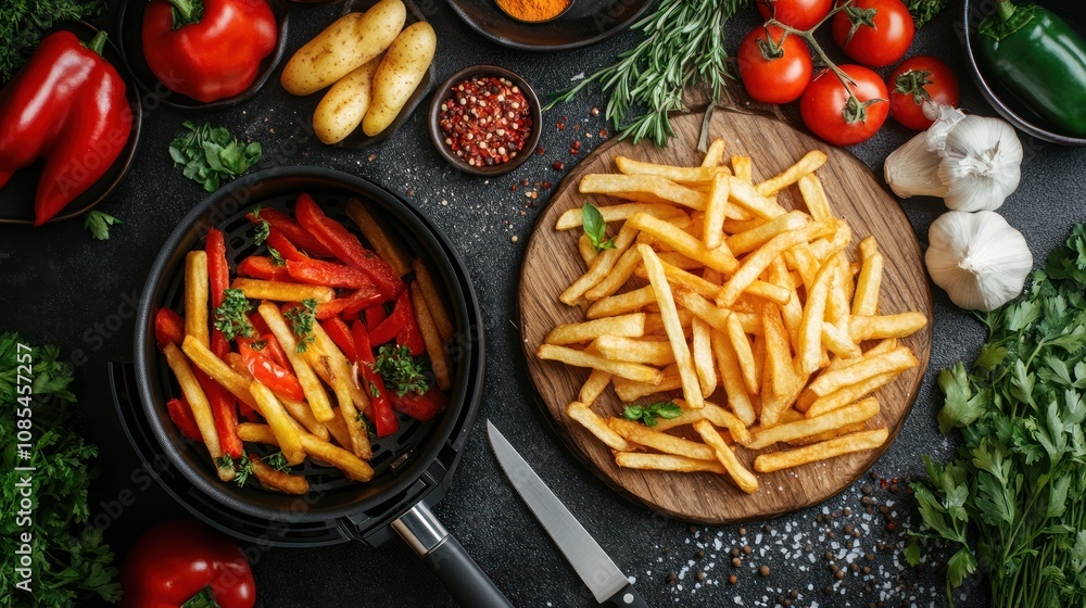 A spread of fries and colorful vegetables. A spread of fries and colorful vegetables.