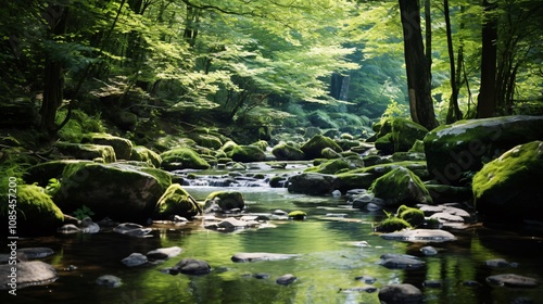 A peaceful forest stream with smooth stones and green plants