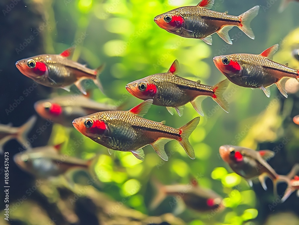 Obraz premium Vibrant Rummy Nose Tetras Schooling in Lush Aquatic Environment