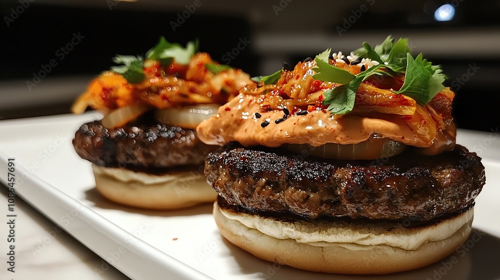 Fusion Flavor Journeys Delicious gourmet burger with unique toppings. Fusion Flavor Journeys Delicious gourmet burger with unique toppings.