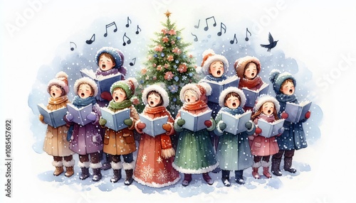 Christmas Carolers, A group of carolers singing joyfully in the snow, holding songbooks in watercolor illustration photo