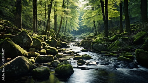 A tranquil forest stream flowing over moss-covered rocks