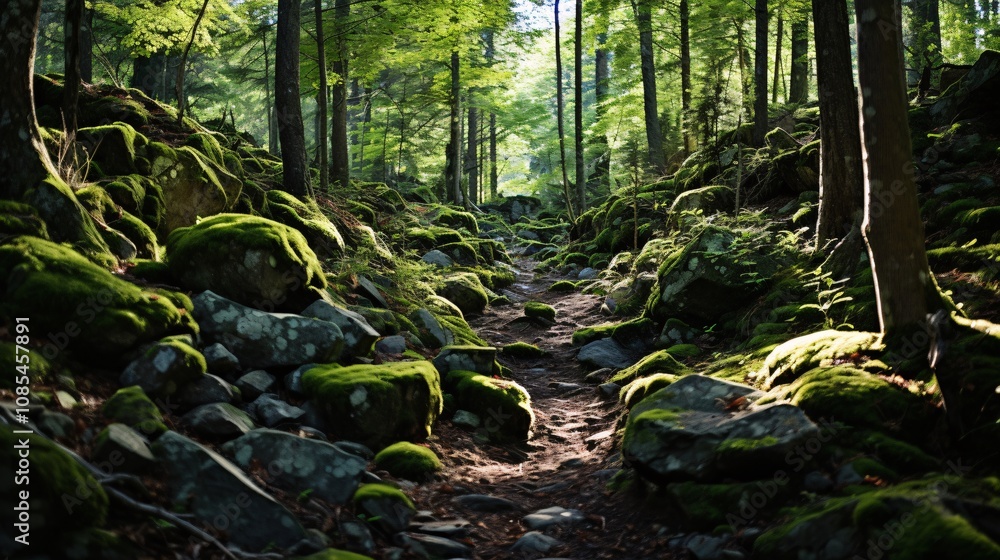 Naklejka premium A rocky forest trail with green foliage on either side