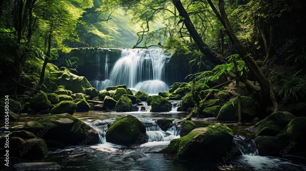 Fototapeta premium A small waterfall flowing over stones in a lush green forest