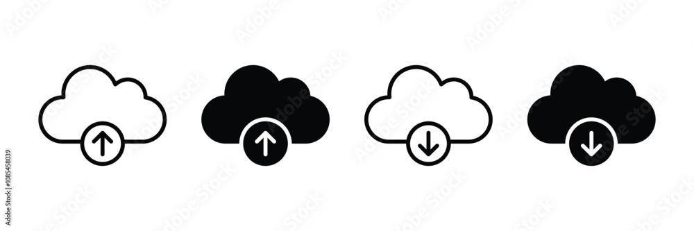 Cloud download and upload vector icon set. Cloud upload download icon outlined and solid style. Cloud download and upload vector icon set. Cloud upload download icon outlined and solid style.