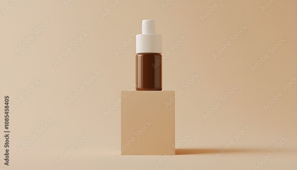 Brown Glass Dropper Bottle on Beige Cube Brown Glass Dropper Bottle on Beige Cube