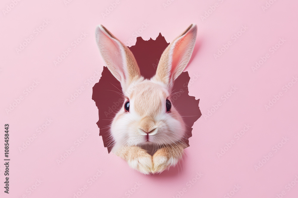 Fototapeta premium A cute Easter bunny peeking through a hole in a pink background.