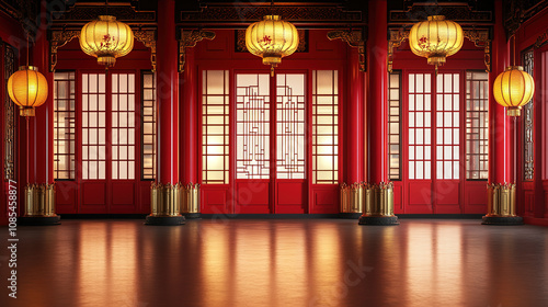 Three dimensional rendering of red traditional Chinese ancient architecture gate product exhibition booth