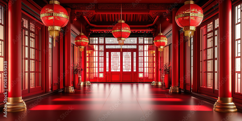 Obraz premium Three dimensional rendering of red traditional Chinese ancient architecture gate product exhibition booth