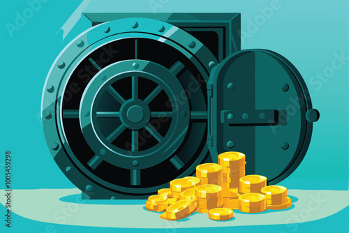 Create a vector illustration of a sturdy vault door encircled by stacks of gleaming gold bars.  Emphasis on detail and realism.