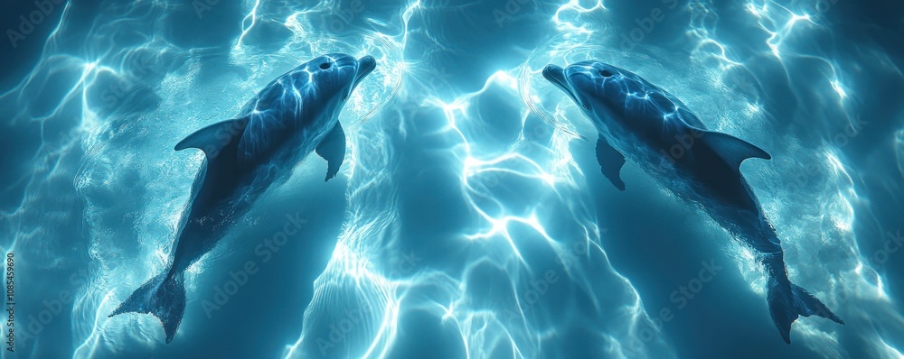 Obraz premium Two dolphins, their bodies emitting ethereal glowing trails, converge in the deep ocean, a breathtaking underwater ballet symbolizing harmony, unity, and the profound emotional connection of nature