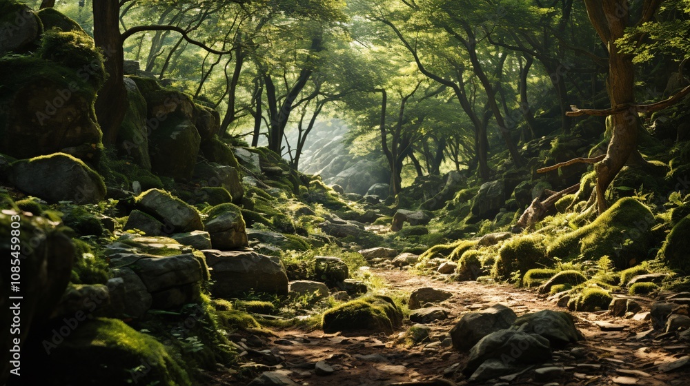 A sun-dappled forest with boulders and lush green vegetation A sun-dappled forest with boulders and lush green vegetation