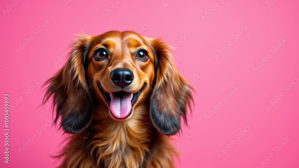 Long-haired dachshund looking directly at camera with tongue out. Long-haired dachshund looking directly at camera with tongue out.