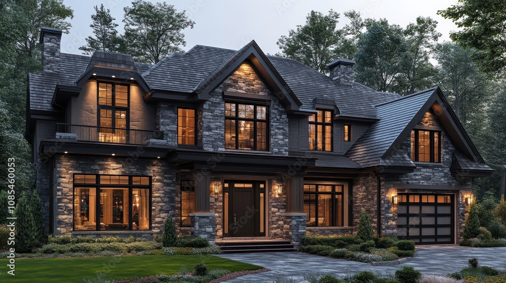 Elegant modern house with stone and wood accents in a wooded setting. Elegant modern house with stone and wood accents in a wooded setting.