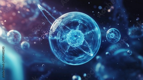 A blue, transparent cell with two carbon structures in the center, surrounded by other cells and some small particles floating around it. The background is dark blue, creating an atmosphere of scienti
