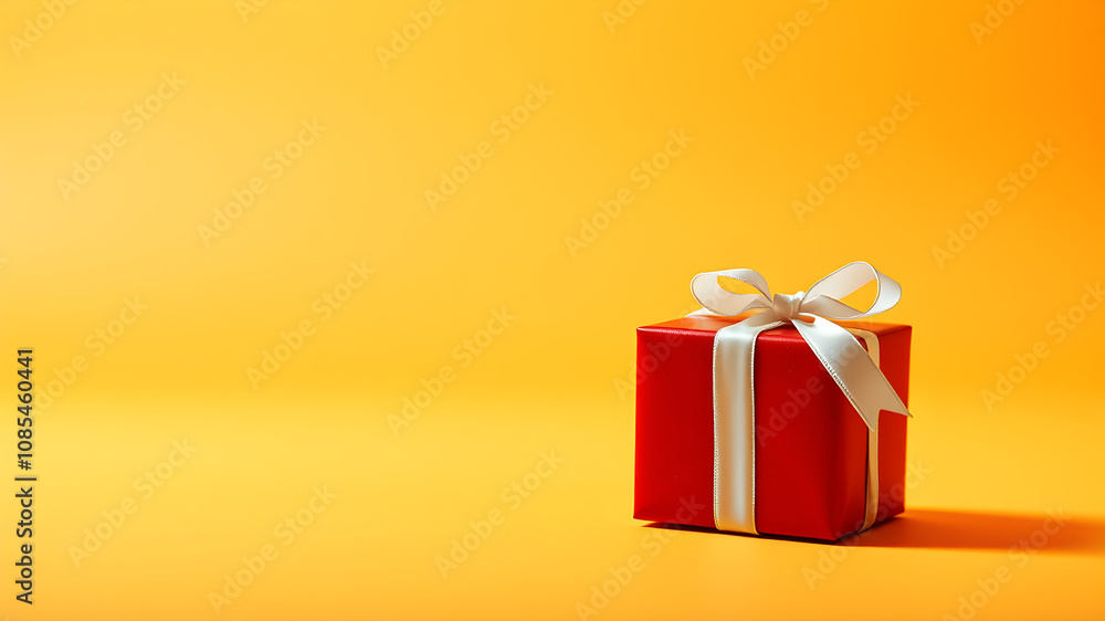 A single red gift box with a white ribbon on the right side. The blank area is a warm gradient, shifting from bright orange to soft yellow A single red gift box with a white ribbon on the right side. The blank area is a warm gradient, shifting from bright orange to soft yellow