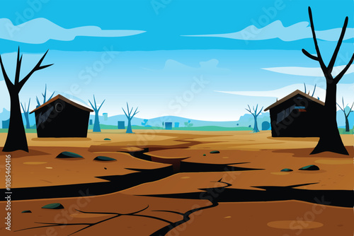 Create a vector illustration of a quaint rural community, featuring dried plants and rustic buildings under a clear sky.  Emphasize details of the architecture and vegetation.