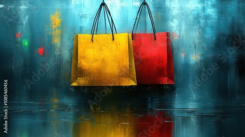 Colorful Shopping Bags Hanging Against a Vibrant Abstract Background, Perfect for Retail and Fashion Related Themes photo