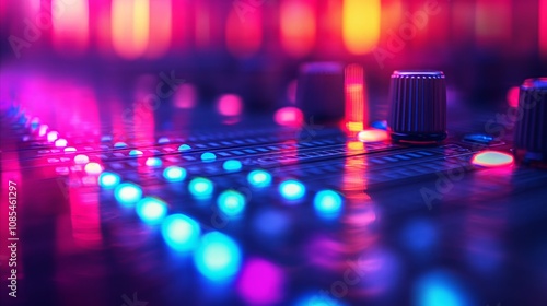 Colorful soundboard with glowing faders, knobs, and vibrant neon lights in a sleek arrangemen photo