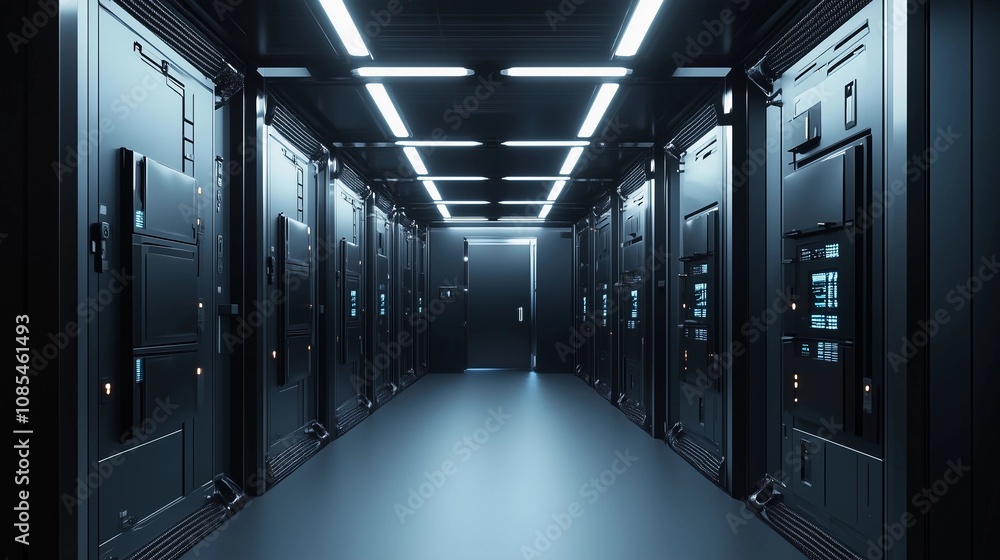 3D render of a black server room with a row of cabinets, white lights, and a blue background. The camera perspective is wide angle and low, resulting in a high-resolution, high-detail 3D render of a black server room with a row of cabinets, white lights, and a blue background. The camera perspective is wide angle and low, resulting in a high-resolution, high-detail