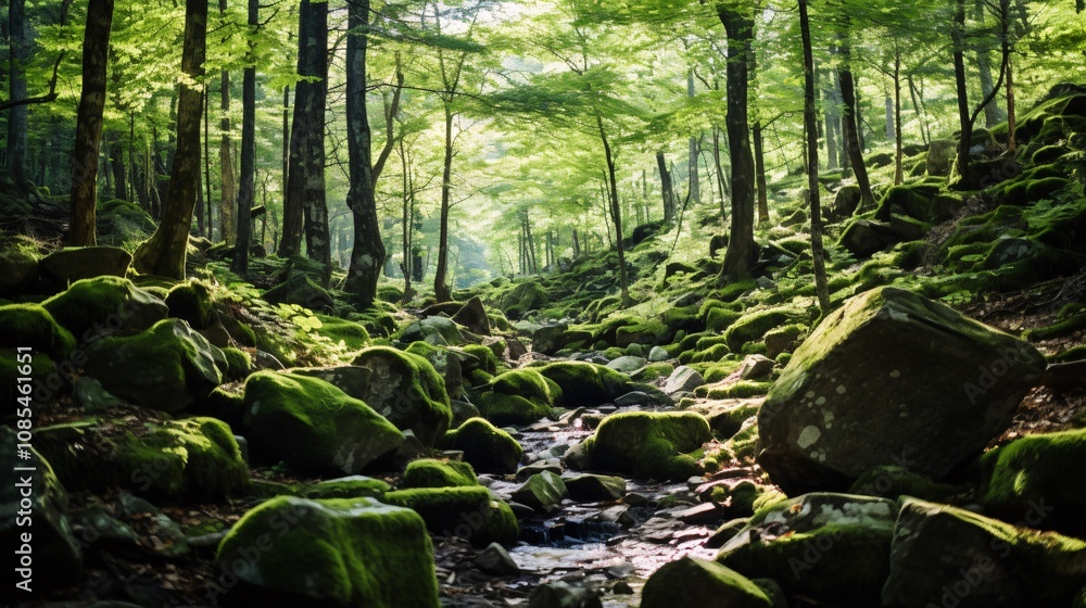 Obraz premium A dense forest with moss-covered boulders and lush green vegetation