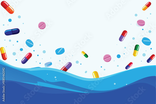 Create a vibrant vector background featuring a scattering of colorful pills and vitamins, showcasing diverse shapes and sizes.  Illustrate a playful yet informative design.